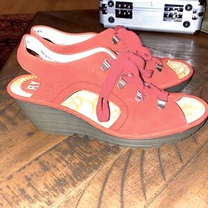 FLY London Ylfa Scarlet Leather Lace Up Comfort Wedge Sandals